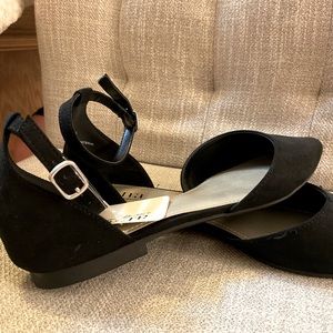 A.N.A black suede ankle strap flats